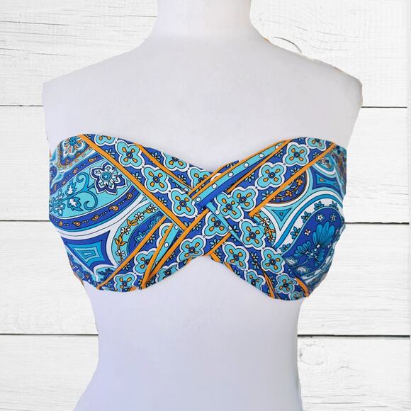 TRINA TURK Bandeau Swimsuit Top Size 14 Provence Paisley Blue Orange Strapless - Picture 2 of 8